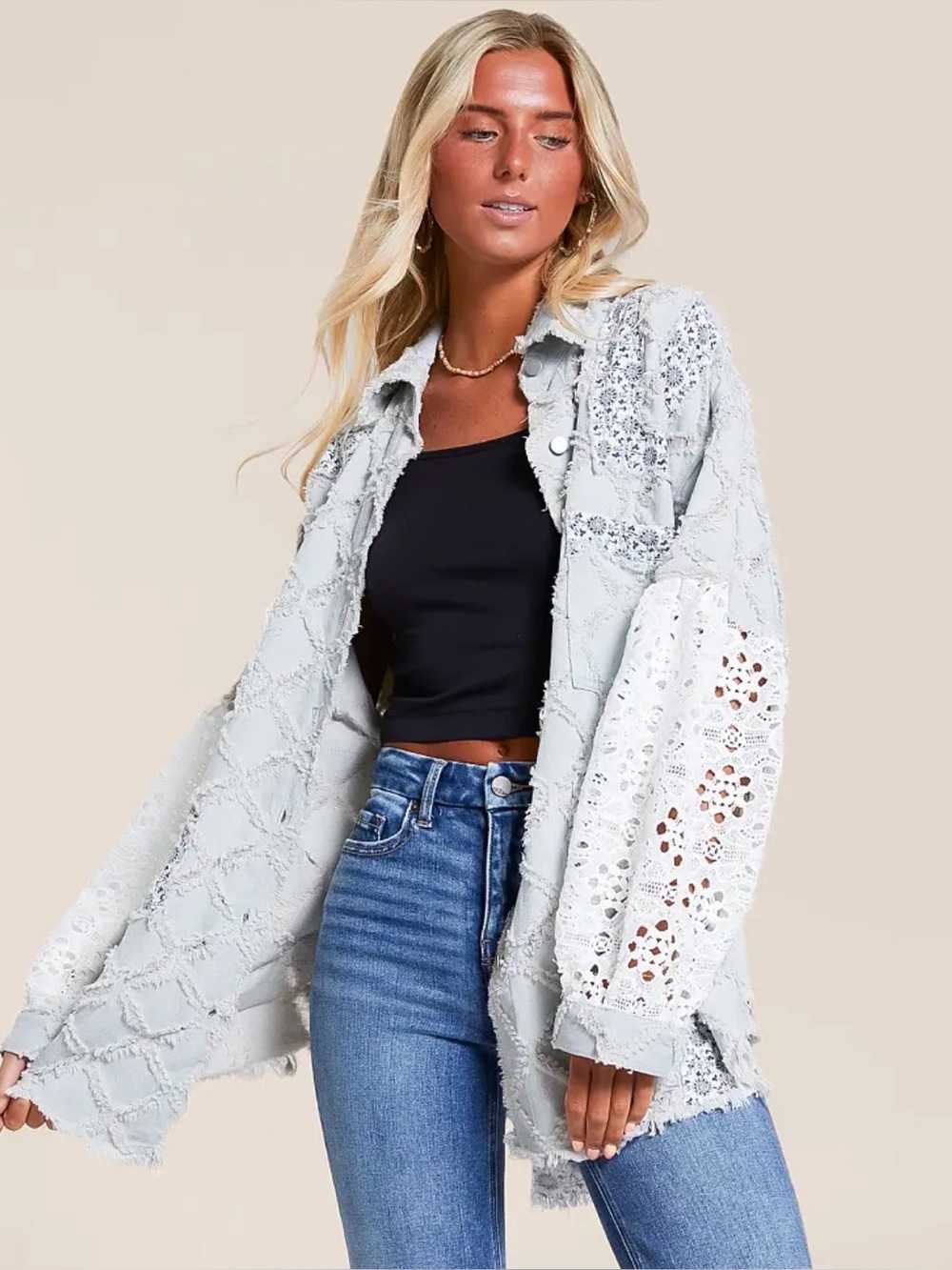 Light Wash Crochet Denim Jacket with Lace Panels